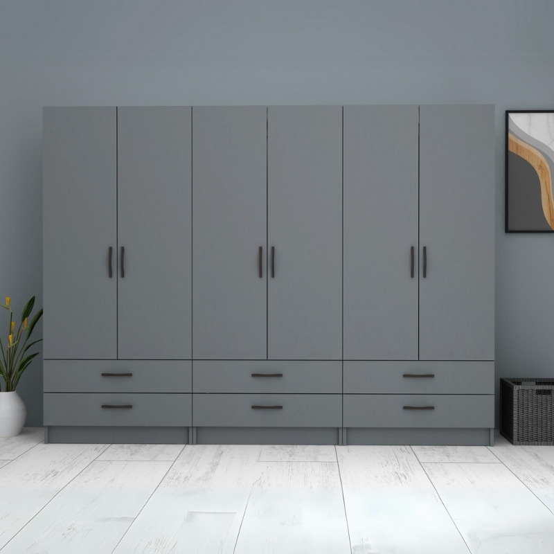 Ντουλάπα ρούχων εξάφυλλη με συρτάρια χρώμα ανθρακί 5