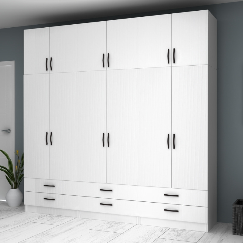 Ντουλάπα ρούχων εξάφυλλη με πατάρι και συρτάρια χρώμα λευκό 4