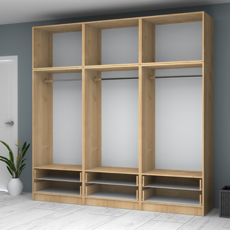 Ντουλάπα ρούχων εξάφυλλη με πατάρι και συρτάρια χρώμα φυσικό οξιάς 3