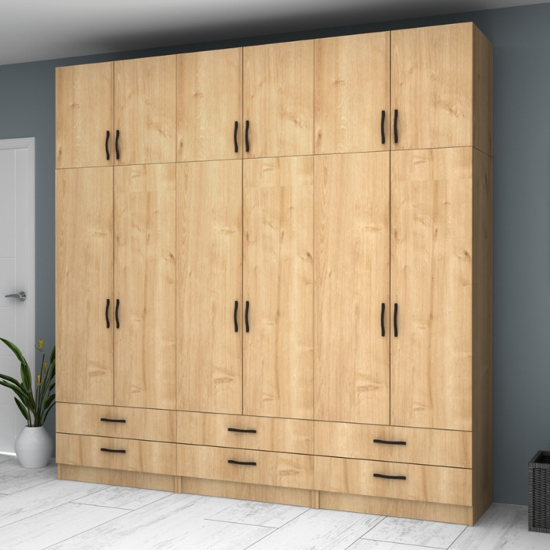 Ντουλάπα ρούχων εξάφυλλη με πατάρι και συρτάρια χρώμα φυσικό οξιάς 4