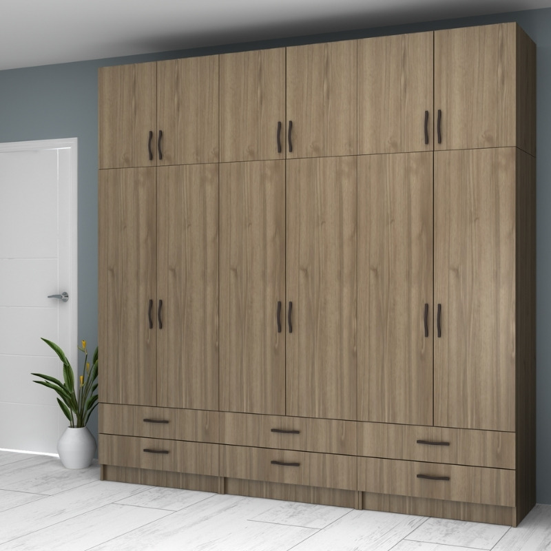 Ντουλάπα ρούχων εξάφυλλη με πατάρι και συρτάρια χρώμα καρυδί 4