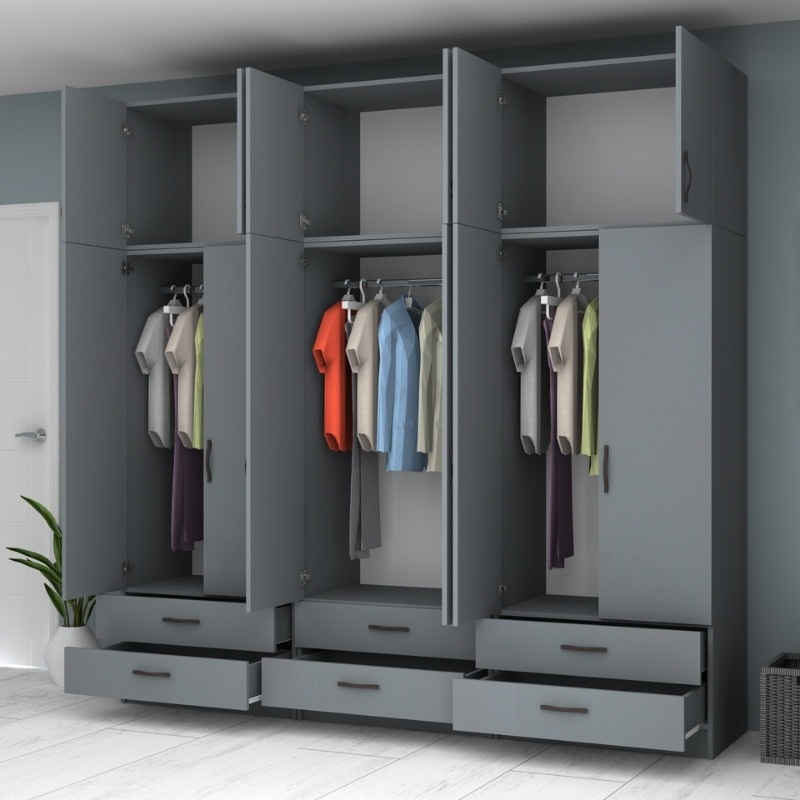 Ντουλάπα ρούχων εξάφυλλη με πατάρι και συρτάρια χρώμα ανθρακί 2