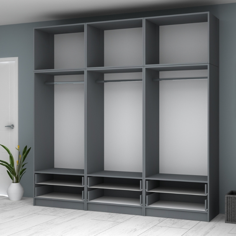 Ντουλάπα ρούχων εξάφυλλη με πατάρι και συρτάρια χρώμα ανθρακί 3