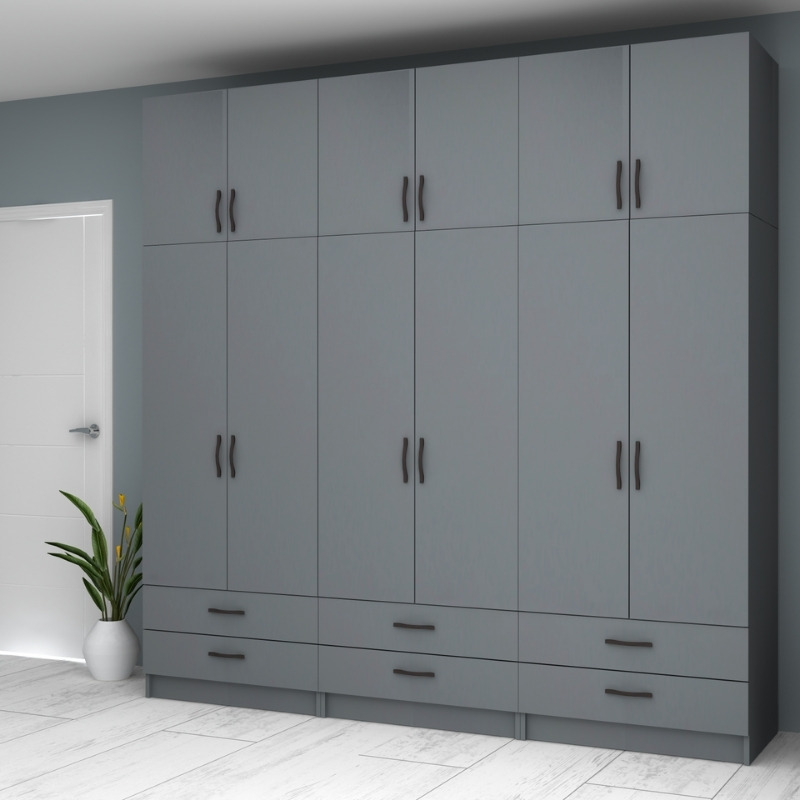 Ντουλάπα ρούχων εξάφυλλη με πατάρι και συρτάρια χρώμα ανθρακί 4