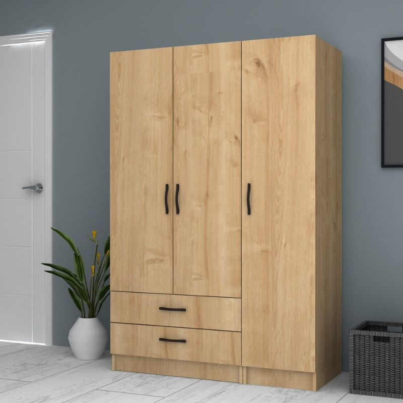 Ντουλάπα ρούχων τρίφυλλη με συρτάρια χρώμα φυσικό οξιάς 4