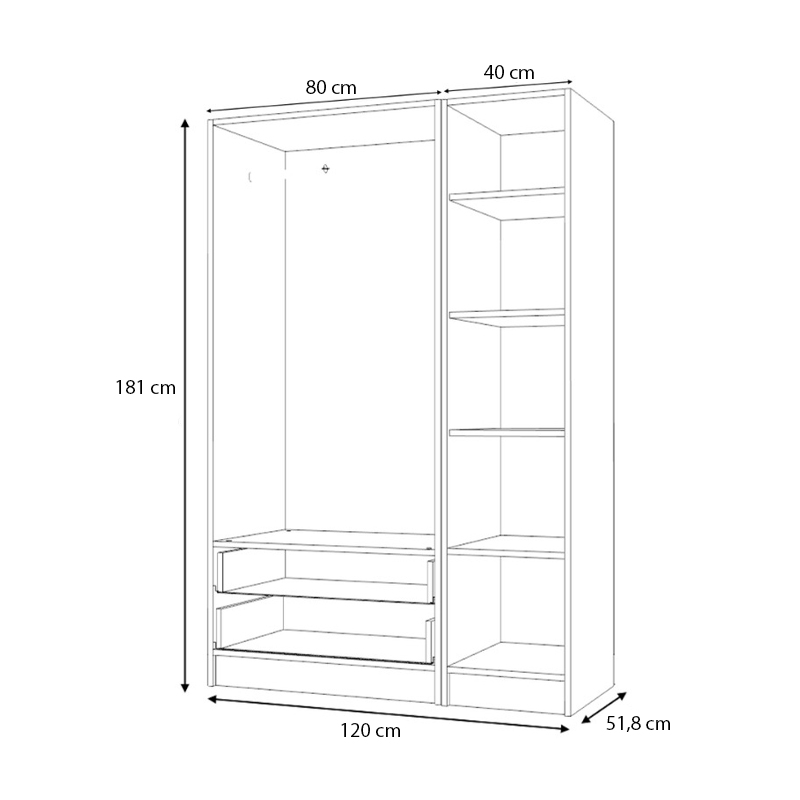 Ντουλάπα ρούχων τρίφυλλη με συρτάρια χρώμα φυσικό οξιάς 5