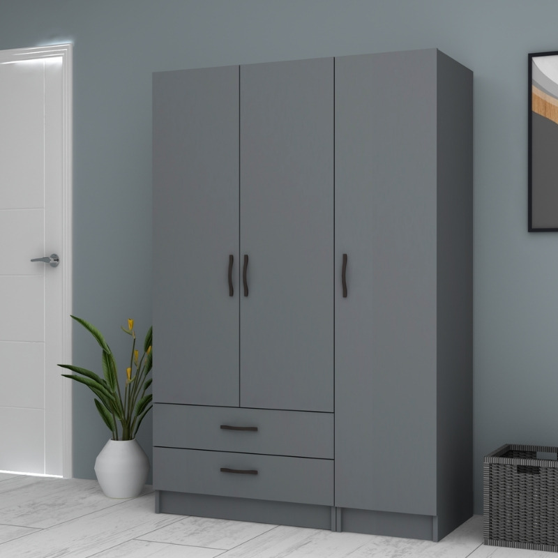 Ντουλάπα ρούχων τρίφυλλη με συρτάρια χρώμα ανθρακί 4