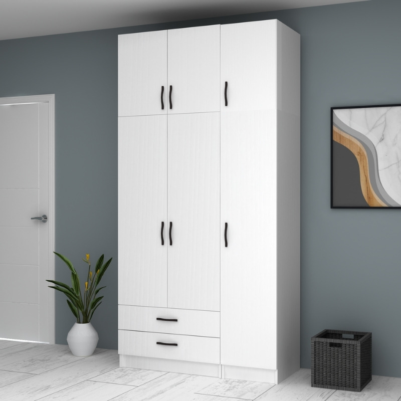 Ντουλάπα ρούχων τρίφυλλη με πατάρι και συρτάρια χρώμα λευκό 4