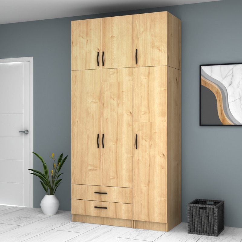 Ντουλάπα ρούχων τρίφυλλη με πατάρι και συρτάρια χρώμα φυσικό οξιάς 4