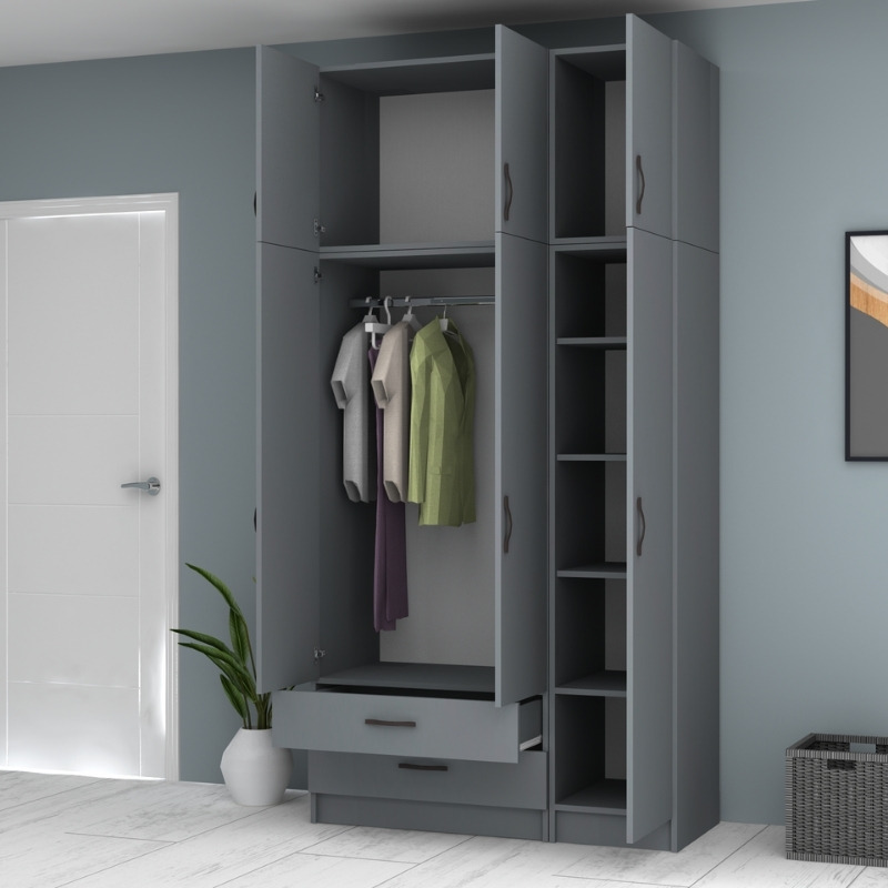 Ντουλάπα ρούχων τρίφυλλη με πατάρι και συρτάρια χρώμα ανθρακί 2