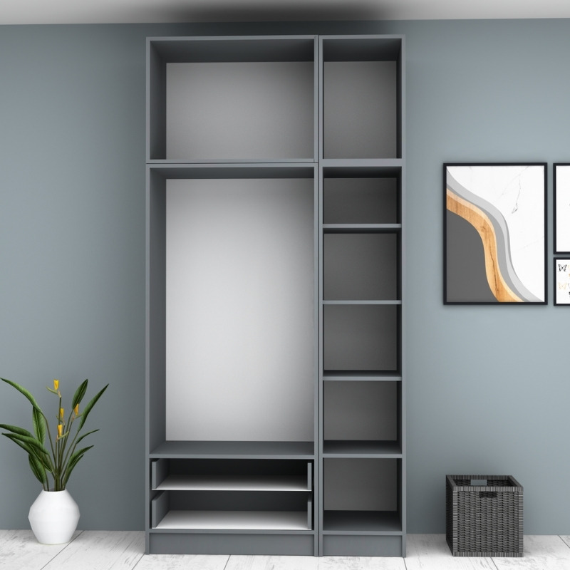 Ντουλάπα ρούχων τρίφυλλη με πατάρι και συρτάρια χρώμα ανθρακί 3