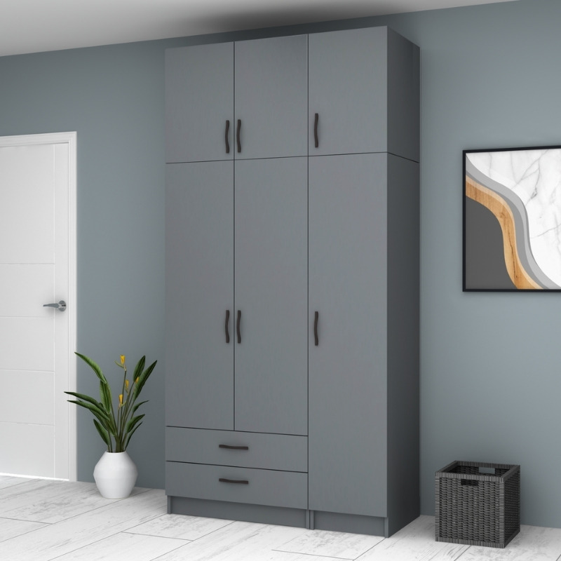 Ντουλάπα ρούχων τρίφυλλη με πατάρι και συρτάρια χρώμα ανθρακί 4