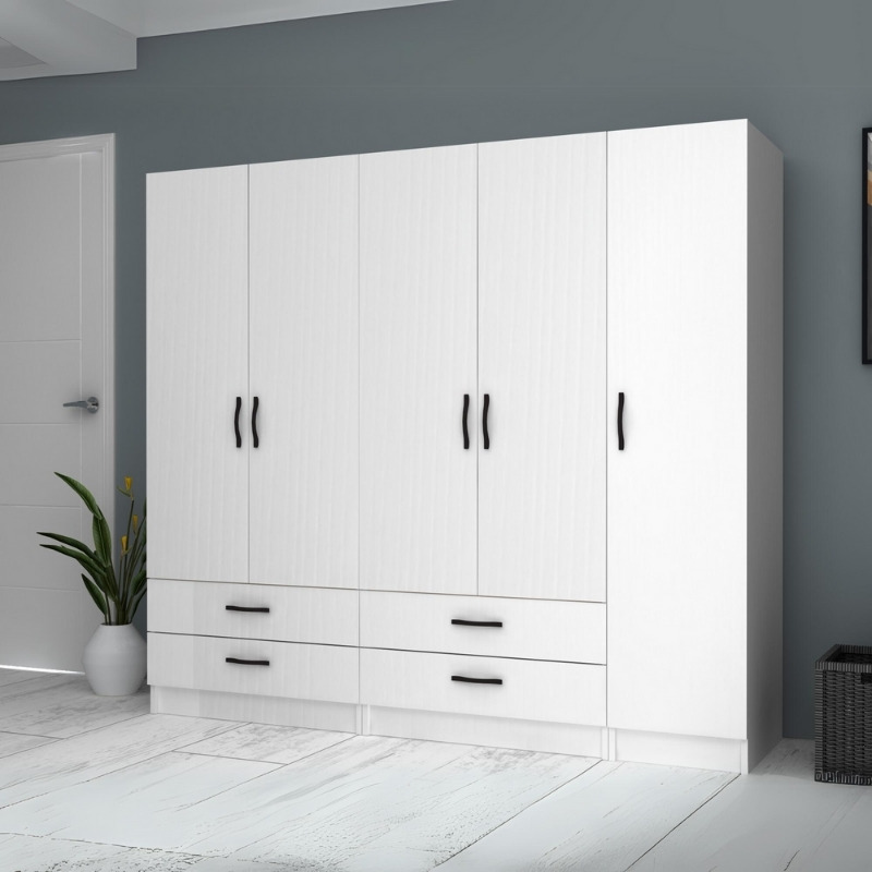 Ντουλάπα ρούχων πεντάφυλλη με συρτάρια χρώμα λευκό 4