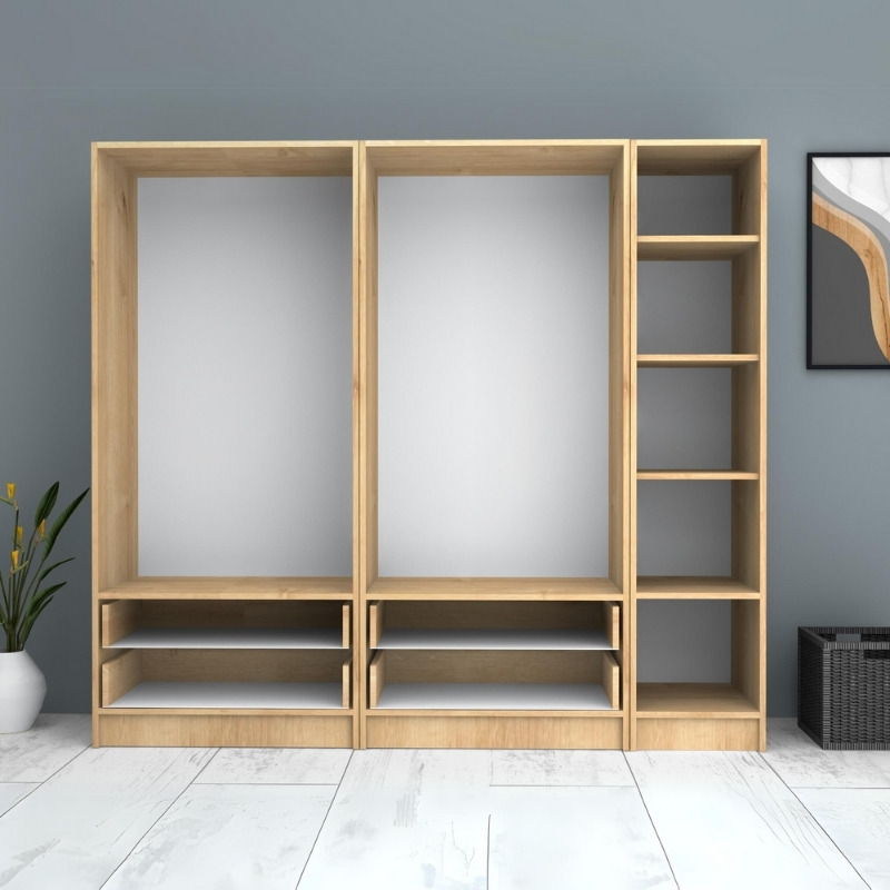 Ντουλάπα ρούχων πεντάφυλλη με συρτάρια χρώμα φυσικό οξιάς 3