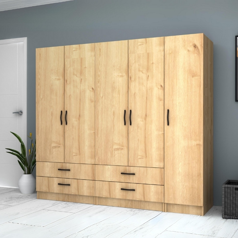 Ντουλάπα ρούχων πεντάφυλλη με συρτάρια χρώμα φυσικό οξιάς 4