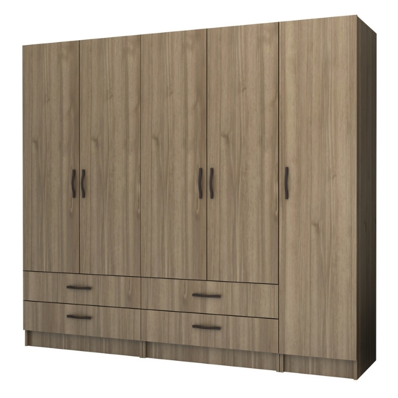 Ντουλάπα ρούχων πεντάφυλλη με συρτάρια χρώμα καρυδί