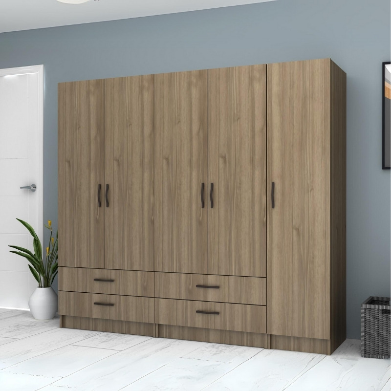 Ντουλάπα ρούχων πεντάφυλλη με συρτάρια χρώμα καρυδί 4