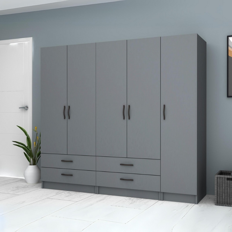 Ντουλάπα ρούχων πεντάφυλλη με συρτάρια χρώμα ανθρακί 4