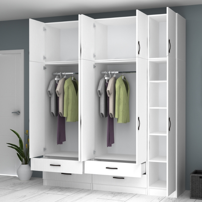 Ντουλάπα ρούχων πεντάφυλλη με πατάρι και συρτάρια χρώμα λευκό 2