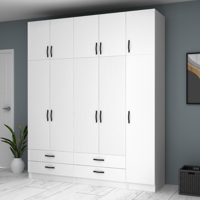 Ντουλάπα ρούχων πεντάφυλλη με πατάρι και συρτάρια χρώμα λευκό 4