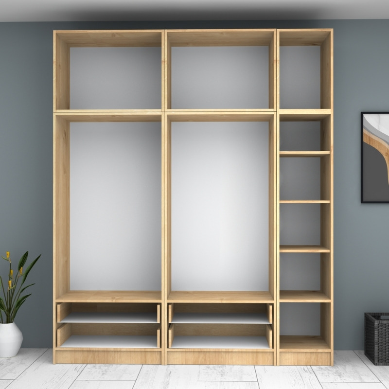 Ντουλάπα ρούχων πεντάφυλλη με πατάρι και συρτάρια χρώμα φυσικό οξιάς 3