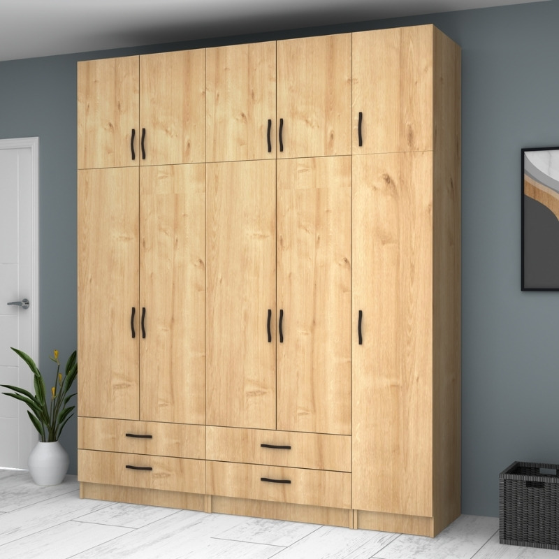 Ντουλάπα ρούχων πεντάφυλλη με πατάρι και συρτάρια χρώμα φυσικό οξιάς 4