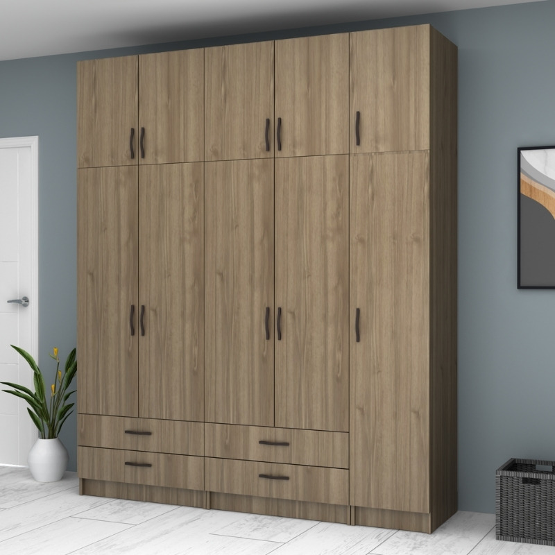 Ντουλάπα ρούχων πεντάφυλλη με πατάρι και συρτάρια χρώμα καρυδί 4