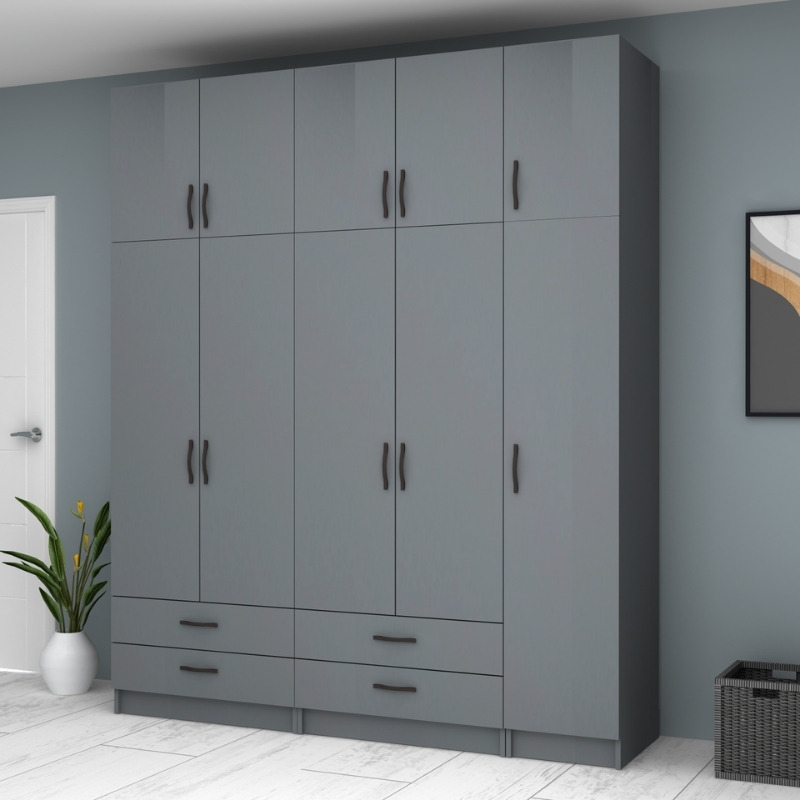 Ντουλάπα ρούχων πεντάφυλλη με πατάρι και συρτάρια χρώμα ανθρακί 3