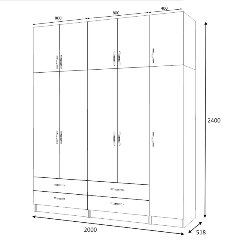 Ντουλάπα ρούχων πεντάφυλλη με πατάρι και συρτάρια χρώμα ανθρακί 4