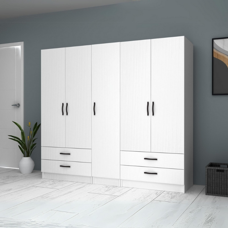 Ντουλάπα ρούχων πεντάφυλλη με συρτάρια χρώμα λευκό 4