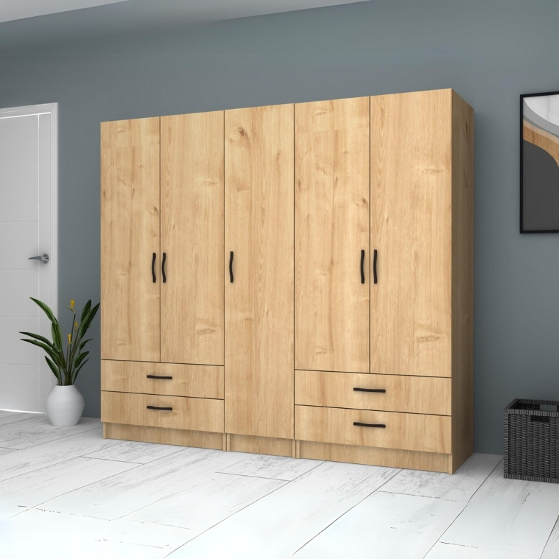 Ντουλάπα ρούχων πεντάφυλλη με συρτάρια χρώμα φυσικό οξιάς 4