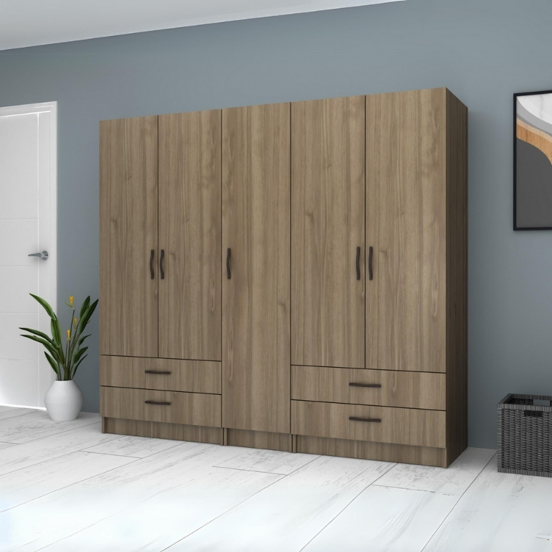 Ντουλάπα ρούχων πεντάφυλλη με συρτάρια χρώμα καρυδί 4