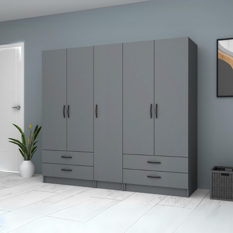 Ντουλάπα ρούχων πεντάφυλλη με συρτάρια χρώμα ανθρακί 4