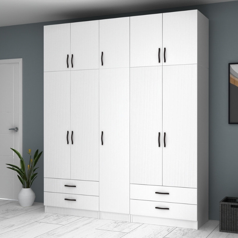 Ντουλάπα ρούχων πεντάφυλλη με πατάρι και συρτάρια χρώμα λευκό 4