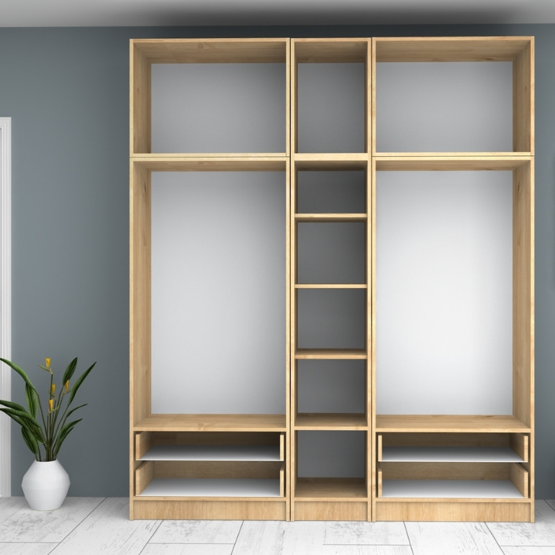 Ντουλάπα ρούχων πεντάφυλλη με πατάρι και συρτάρια χρώμα φυσικό οξιάς 3