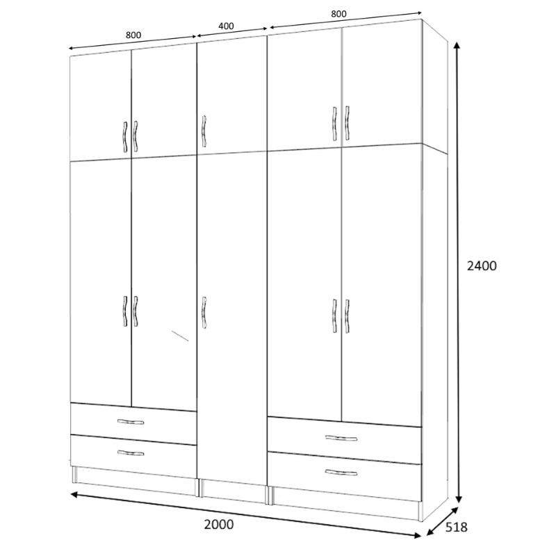 Ντουλάπα ρούχων πεντάφυλλη με πατάρι και συρτάρια χρώμα φυσικό οξιάς 4