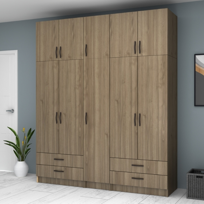 Ντουλάπα ρούχων πεντάφυλλη με πατάρι και συρτάρια χρώμα καρυδί 4