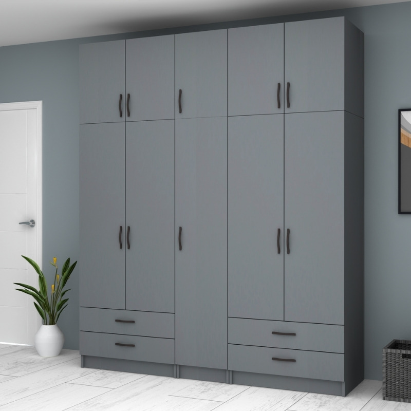 Ντουλάπα ρούχων πεντάφυλλη με πατάρι και συρτάρια χρώμα ανθρακί 4