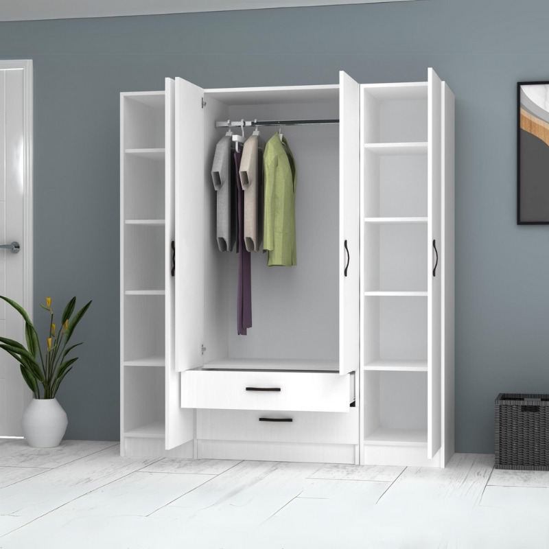 Ντουλάπα ρούχων τετράφυλλη με συρτάρια χρώμα λευκό 2