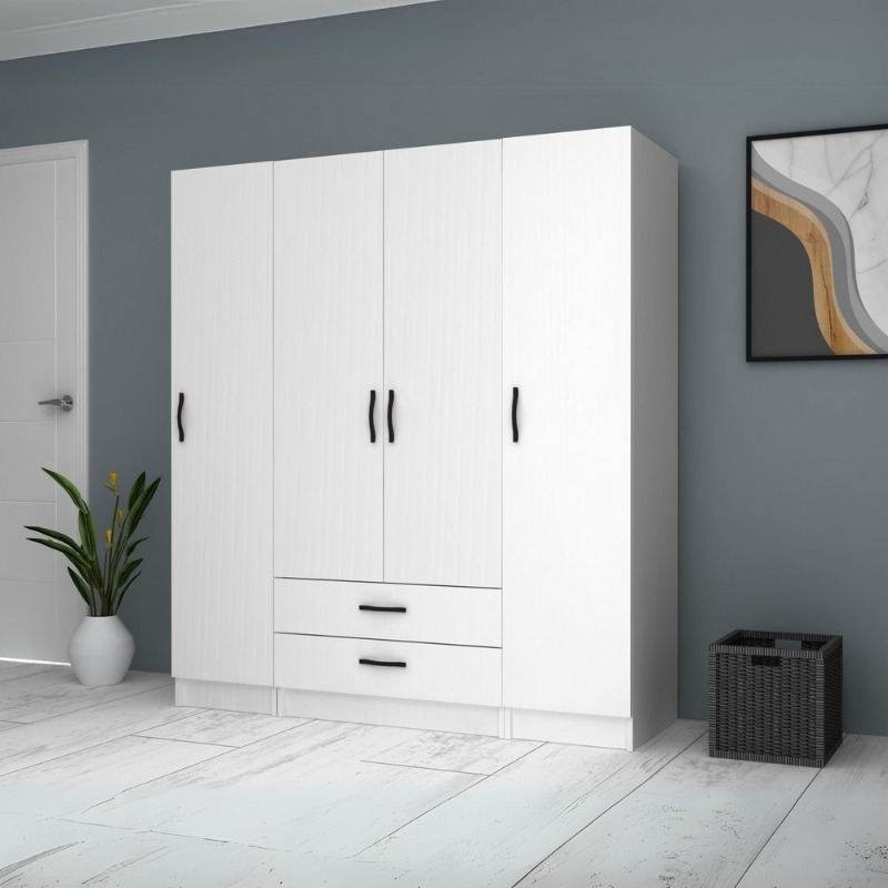 Ντουλάπα ρούχων τετράφυλλη με συρτάρια χρώμα λευκό 4