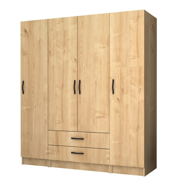 Ντουλάπα ρούχων τετράφυλλη με συρτάρια χρώμα φυσικό οξιάς