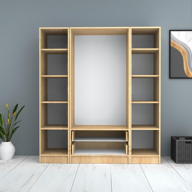 Ντουλάπα ρούχων τετράφυλλη με συρτάρια χρώμα φυσικό οξιάς 3