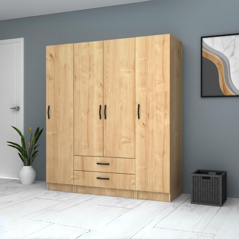 Ντουλάπα ρούχων τετράφυλλη με συρτάρια χρώμα φυσικό οξιάς 4