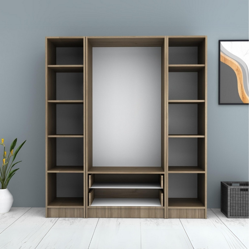 Ντουλάπα ρούχων τετράφυλλη με συρτάρια χρώμα καρυδί 3