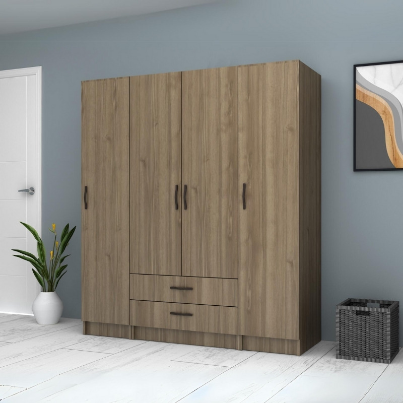 Ντουλάπα ρούχων τετράφυλλη με συρτάρια χρώμα καρυδί 4