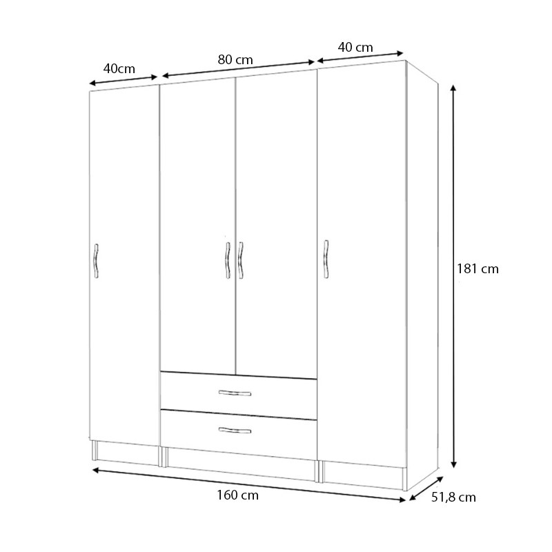 Ντουλάπα ρούχων τετράφυλλη με συρτάρια χρώμα καρυδί 5