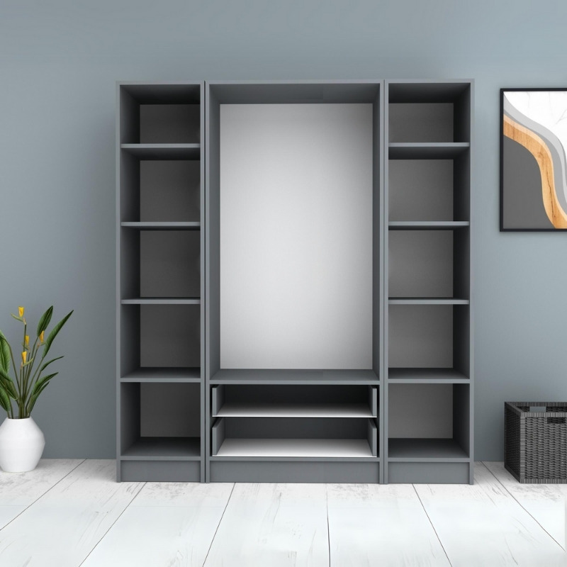 Ντουλάπα ρούχων τετράφυλλη με συρτάρια χρώμα ανθρακί 3