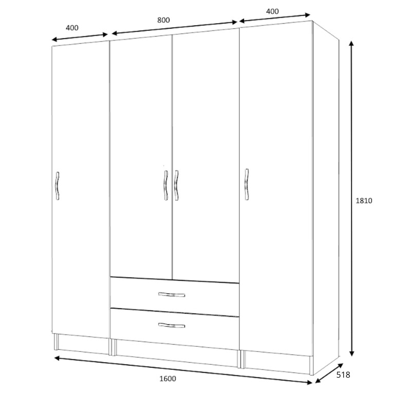 Ντουλάπα ρούχων τετράφυλλη με συρτάρια χρώμα ανθρακί 4