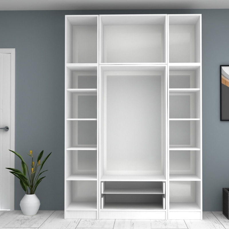 Ντουλάπα ρούχων τετράφυλλη με πατάρι και συρτάρια χρώμα λευκό 3