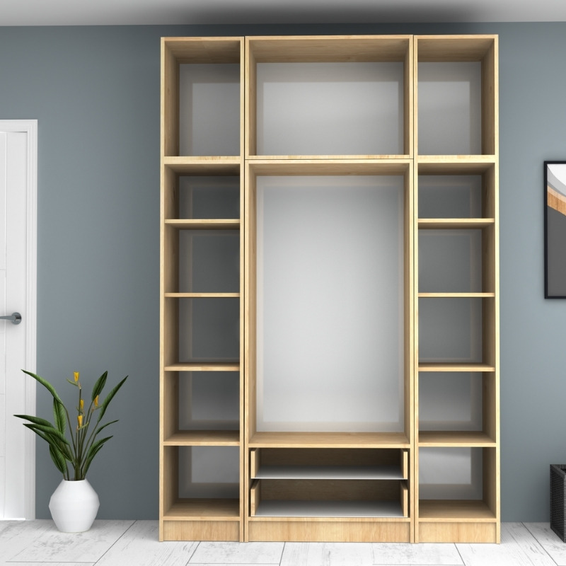 Ντουλάπα ρούχων τετράφυλλη με πατάρι και συρτάρια χρώμα φυσικό οξιάς 3